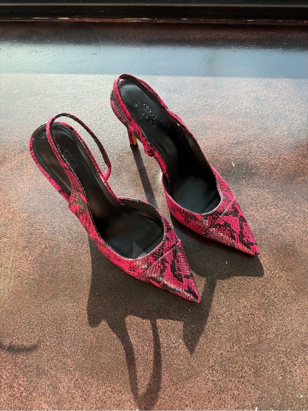 ASOS Pink Snake-Print Pointed Slingback Heels